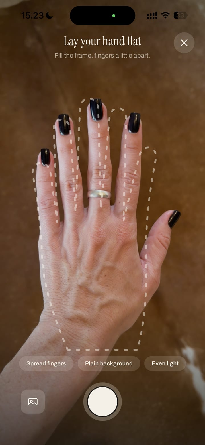 The capture screen: a hand lying flat, filling the frame, with a dashed outline showing where to place it and the prompt "Lay your hand flat".