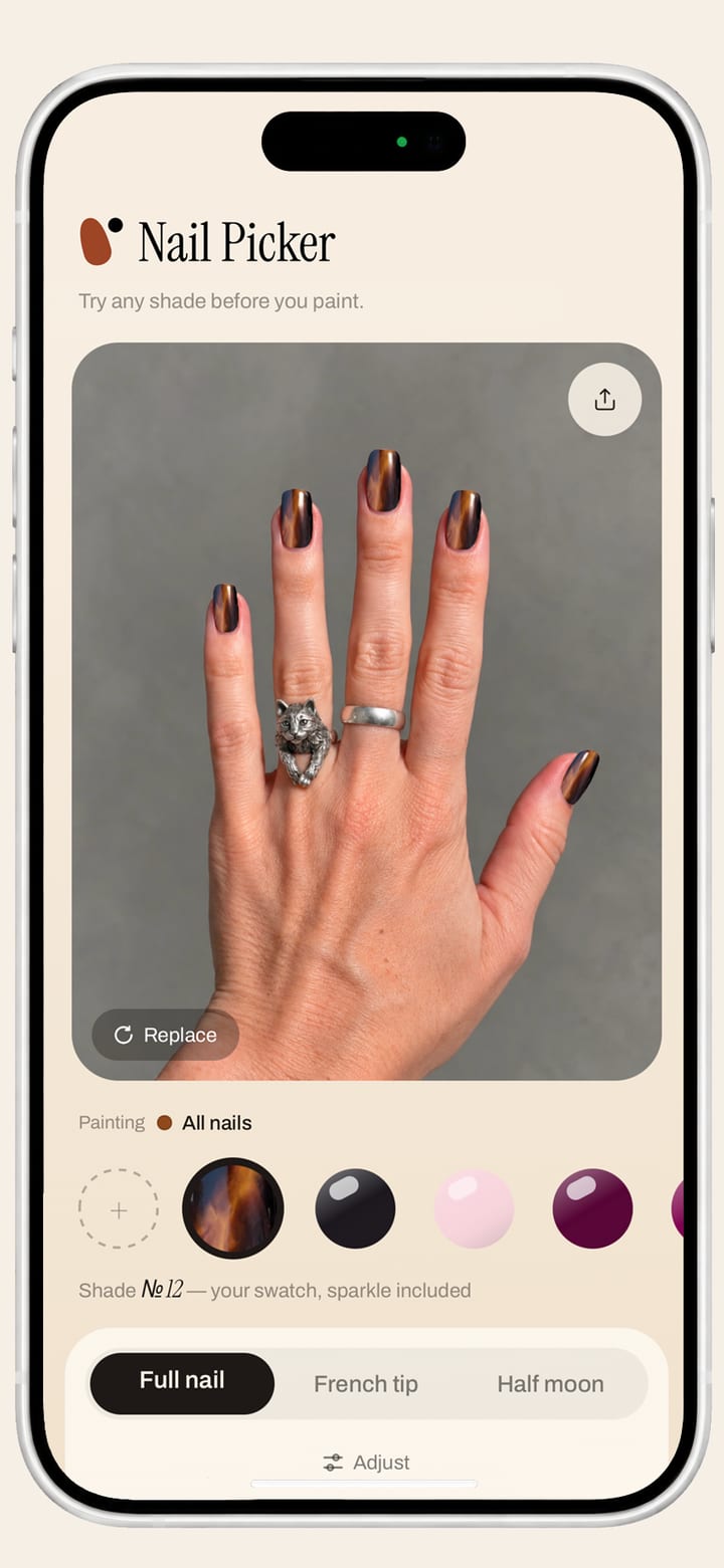 The try-on screen: the same hand wearing the tiger-eye shade on every nail, a row of saved swatches below it, and Full nail, French tip and Half moon style tabs underneath.